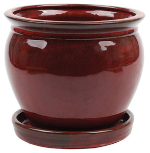 Ceramic Planter With Saucer, Wisteria/Oxblood Red, 6-In.