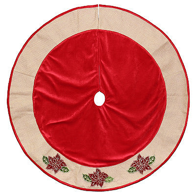 Christmas Tree Skirt, Poinsettia, Burlap/Velvet, 48-In.