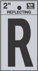 Address Letters, "R", Reflective Black/Silver Vinyl, Adhesive, 2-In.
