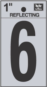 Address Numbers, "6", Reflective Black/Silver Vinyl, Adhesive, 1-In.