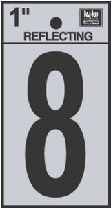 Address Numbers, "8", Reflective Black/Silver Vinyl, Adhesive, 1-In.