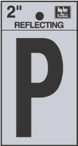 Address Letters, "P", Reflective Black/Silver Vinyl, Adhesive, 2-In.