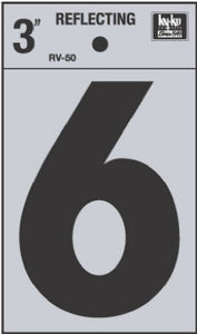 Address Number, "6", Reflective, Black Vinyl Adhesive, 3-In.