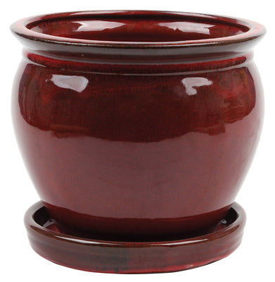 Ceramic Planter With Saucer, Wisteria/Oxblood Red, 12-In.