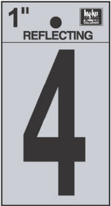 Address Numbers, "4", Reflective Black/Silver Vinyl, Adhesive, 1-In.