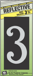 House Address Number "3", Reflective Aluminum, 3.5-In. On 5-In. Black Panel