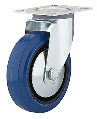 Swivel Plate Caster, Elastic Rubber, Blue, 5-In.