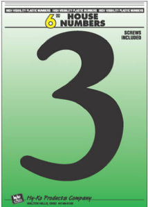 Address Numbers, "3", Black Plastic, Screw-In., 6-In.