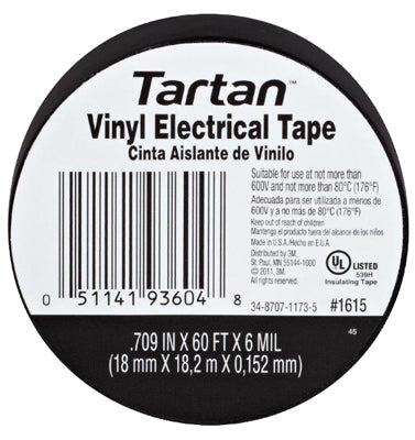 Tartan Electrical Tape, Black Vinyl,  60-Ft.