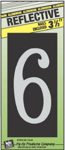 House Address Number "6", Reflective Aluminum, 3.5-In. On 5-In. Black Panel