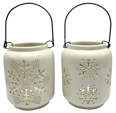 Christmas Snowflake Lantern, Ceramic, Assorted, 5.8-In.