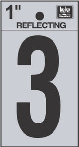 Address Numbers, "3", Reflective Black/Silver Vinyl, Adhesive, 1-In.